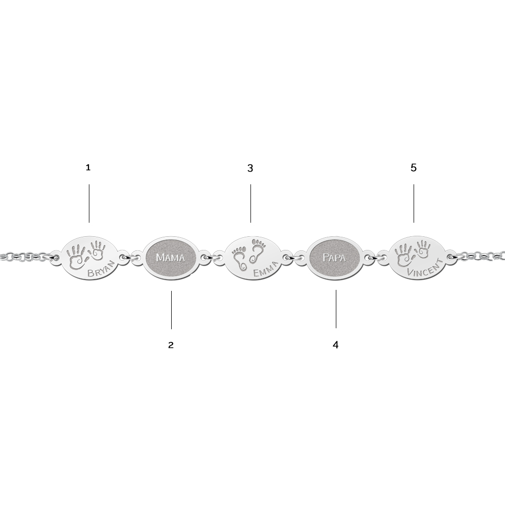 Silver personalized bracelet with names and baby feet