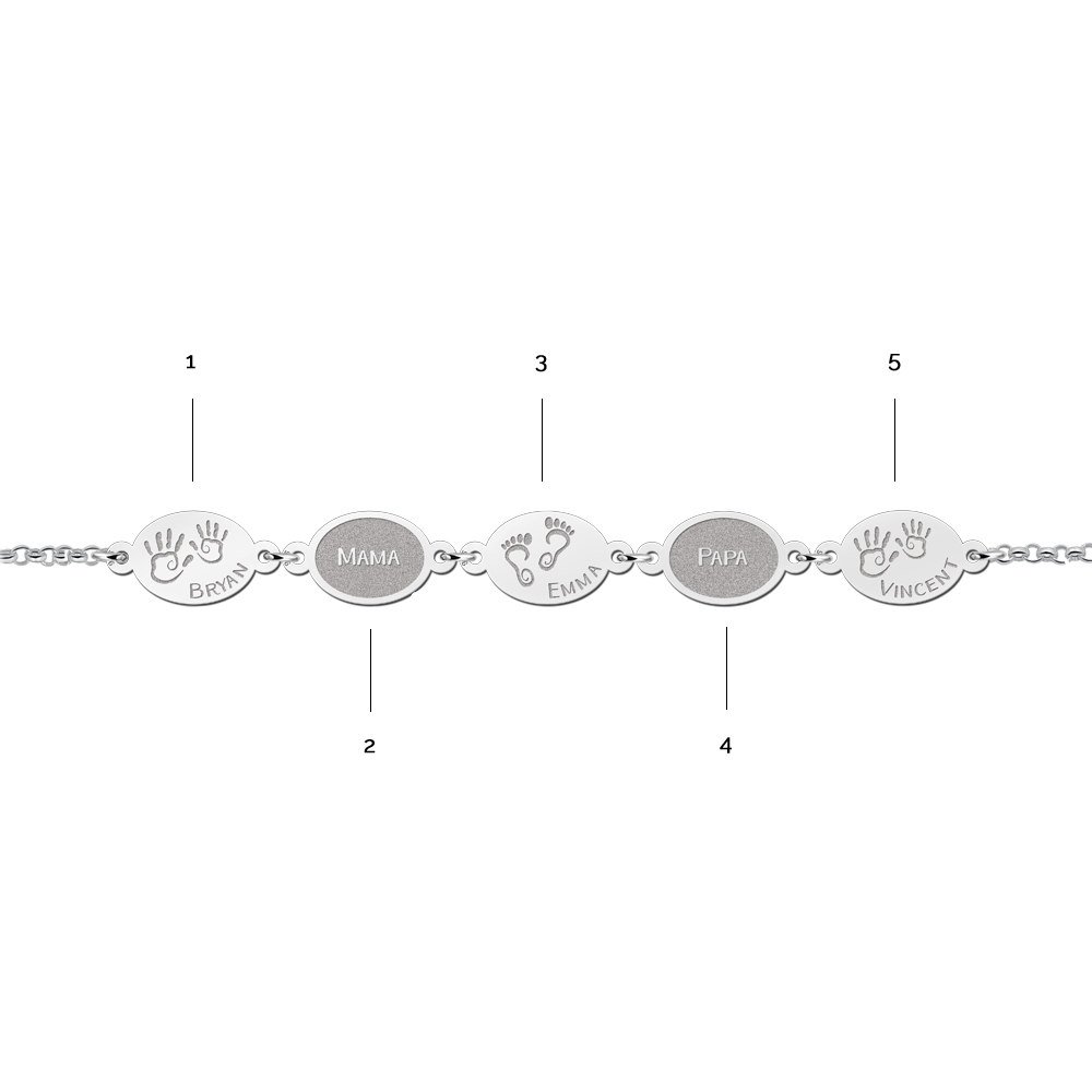 Silver personalized bracelet with names and baby feet