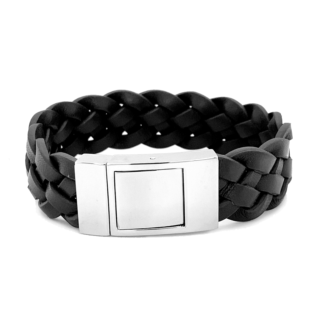 Men's braided black leather Bracelet with Engraving
