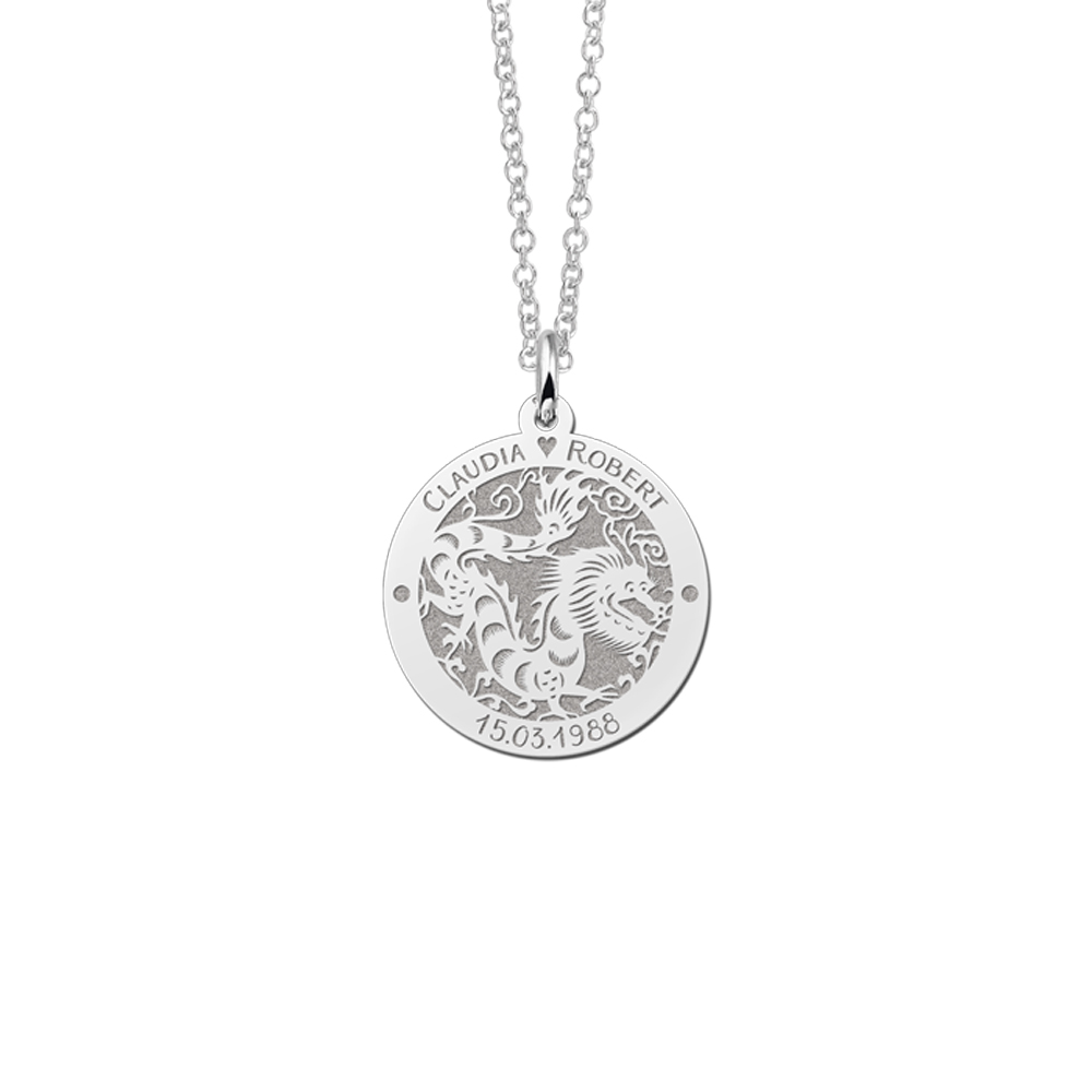 Silver round chinese zodiac pendant dragon