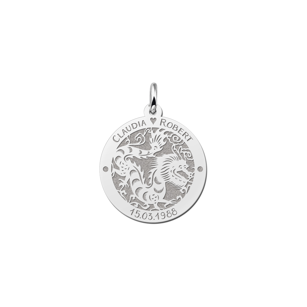 Silver Round Chinese Zodiac Pendant Dragon with Name Engraving