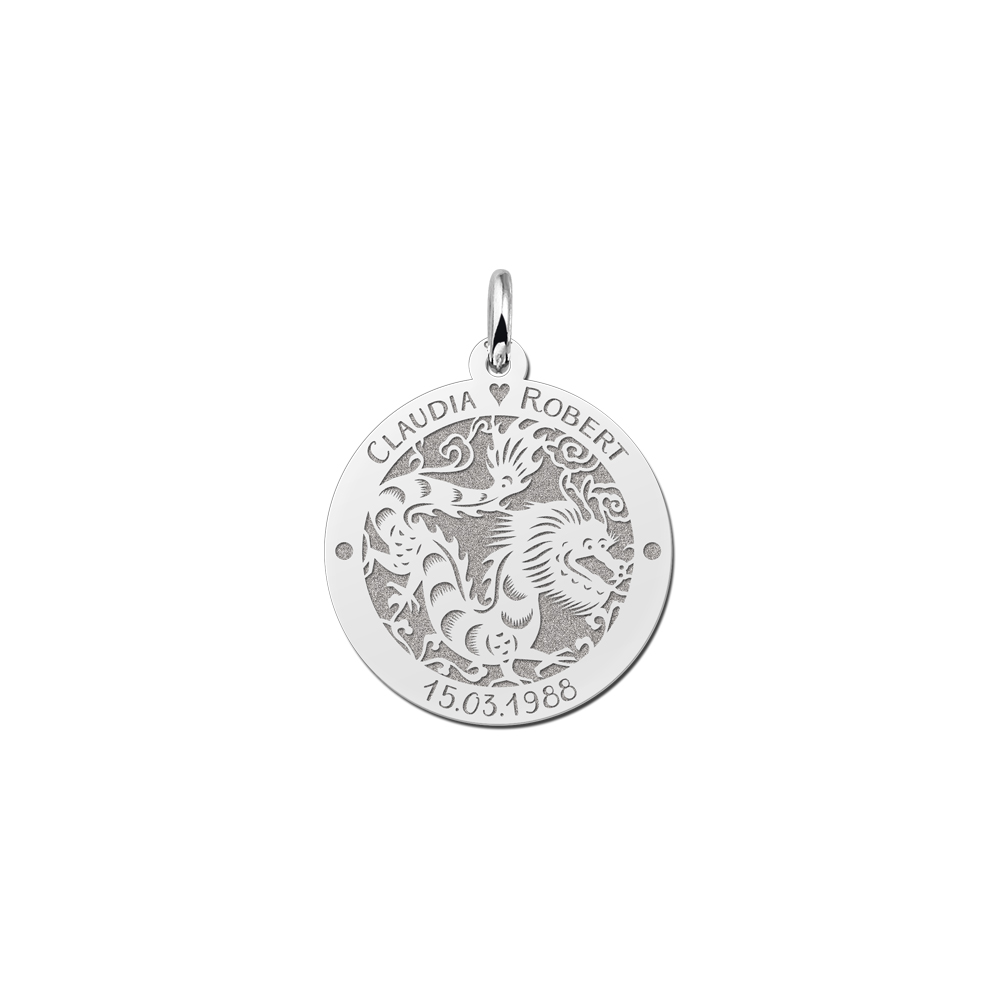 Silver round chinese zodiac pendant dragon