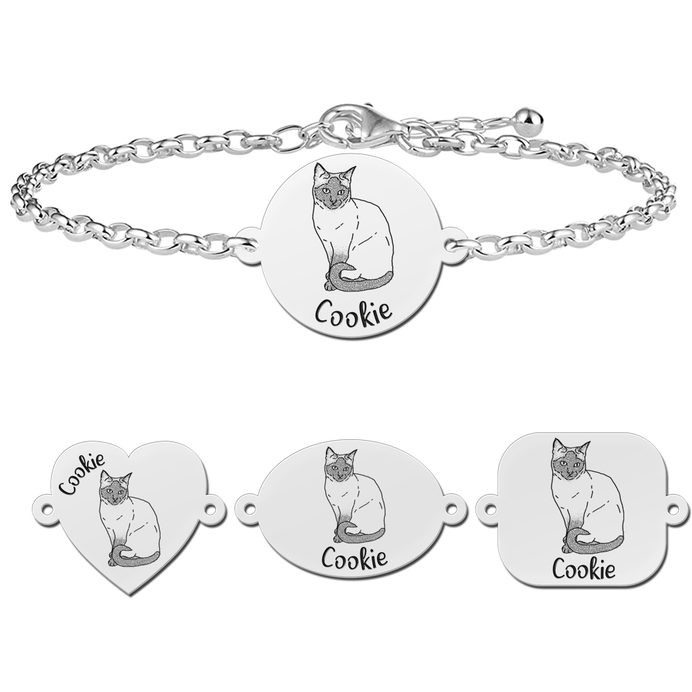 Silver bracelet with cat engraving Siamese