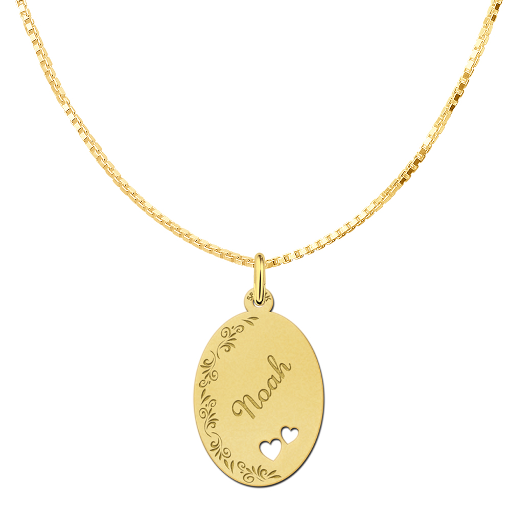 Golden Oval Necklace with Name, Flowerborder and Two Hearts Large