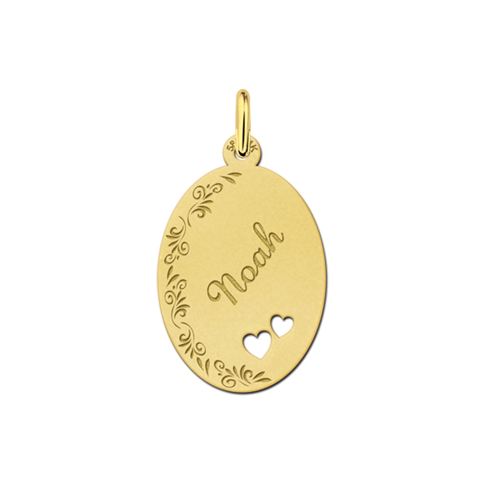 Golden Oval Necklace with Name, Flowerborder and Two Hearts Large