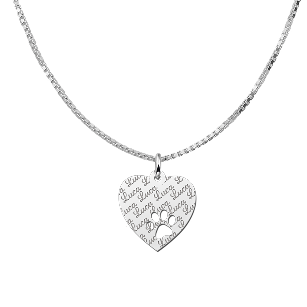 Fully Engraved Silver Heart Necklace with Dog Paw