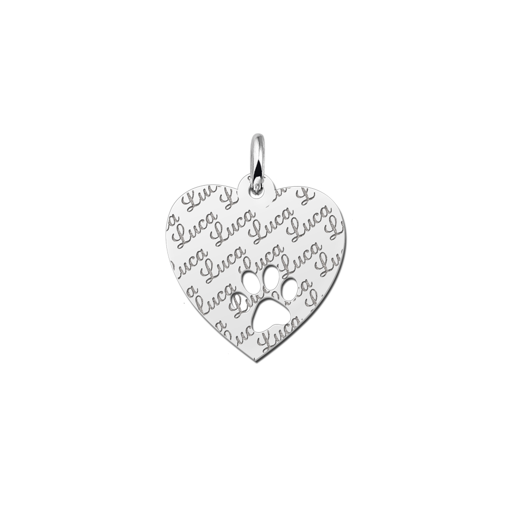 Fully Engraved Silver Heart Necklace with Dog Paw