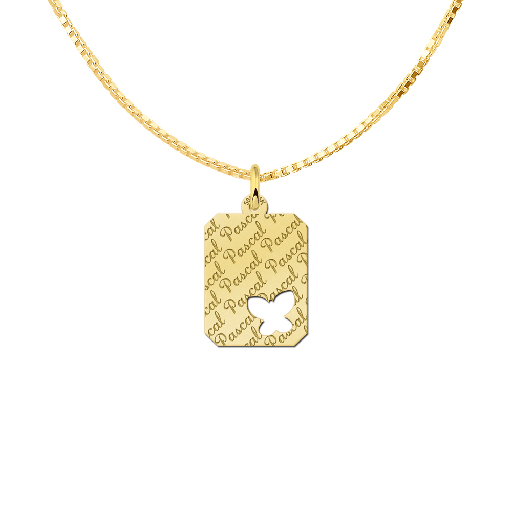 Repeatedly Engraved Golden Rectangle Nametag with Butterfly