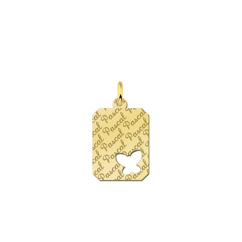 Repeatedly Engraved Golden Rectangle Nametag with Butterfly