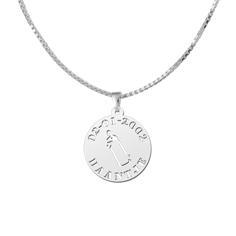 Silver Round Pendant Baby Bottle with Name and Date