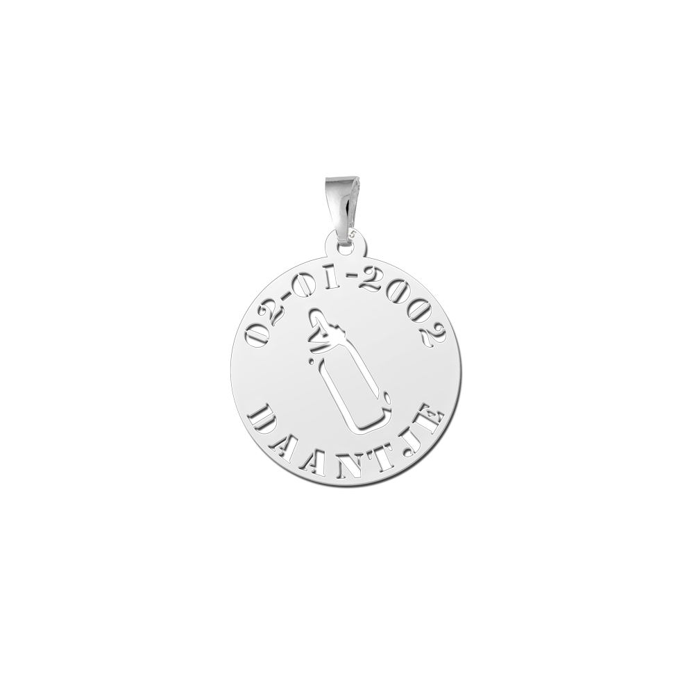 Silver Round Pendant Baby Bottle with Name and Date