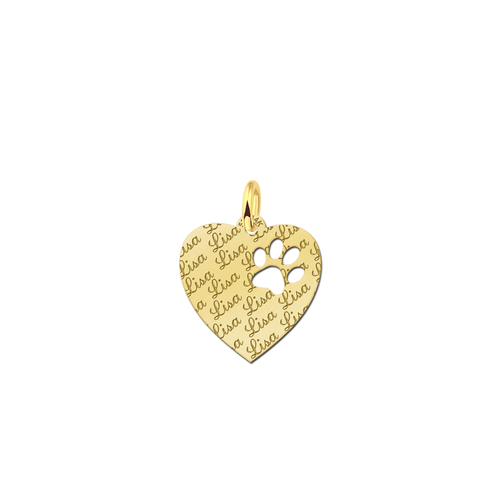 Repeatedly Engraved Gold Heart Pendant, with Dog Paw