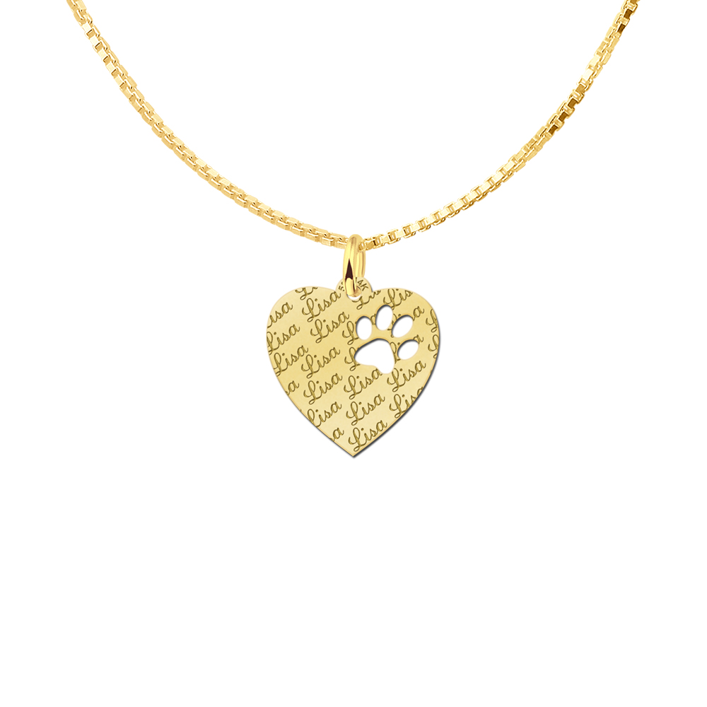 Repeatedly Engraved Gold Heart Pendant, with Dog Paw