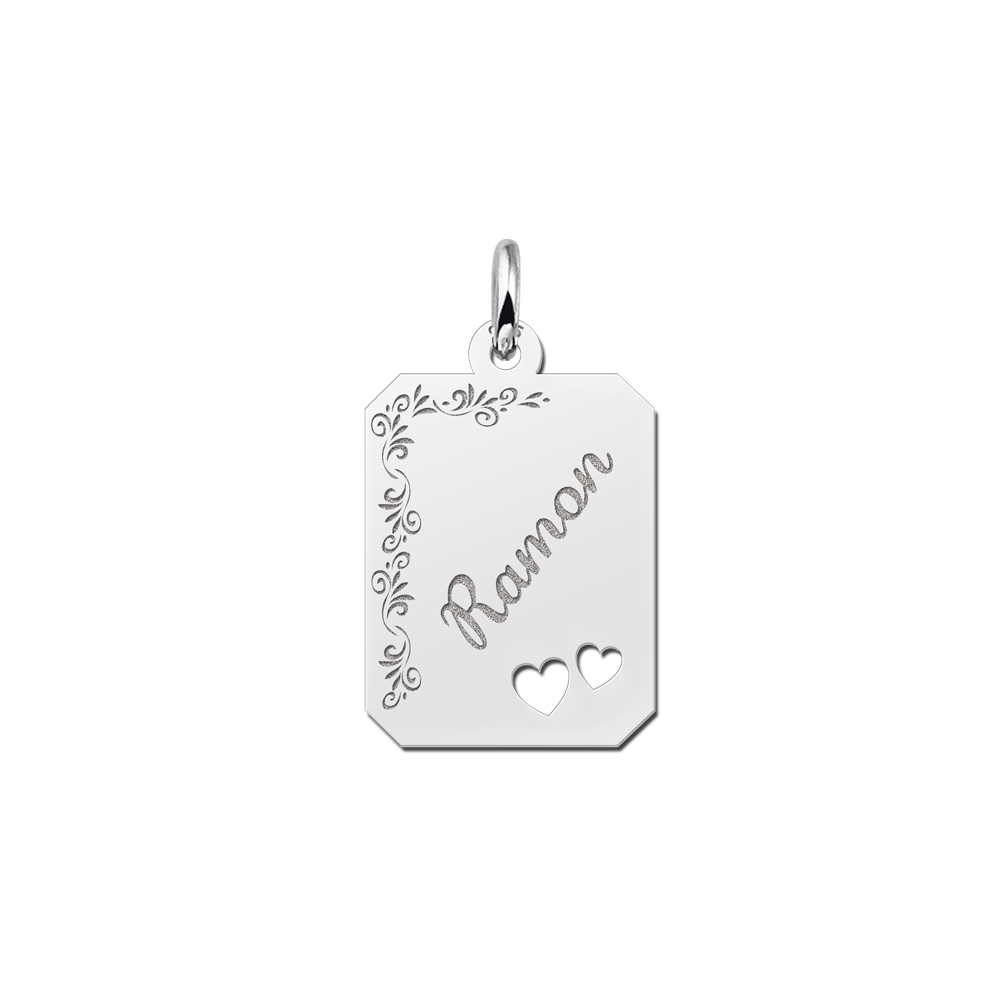 Personalised Silver Necklace with Name, Flowers and Two Hearts