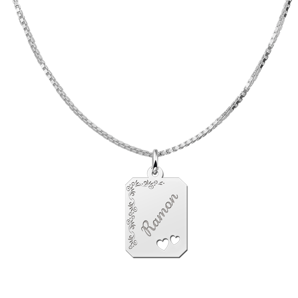 Personalised Silver Necklace with Name, Flowers and Two Hearts