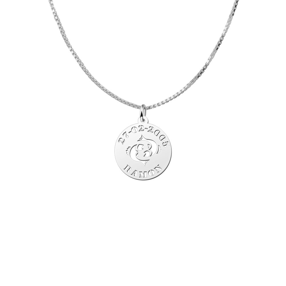 Silver zodiac round namependant Pisces