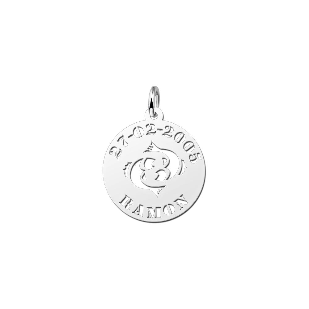 Silver zodiac round namependant Pisces