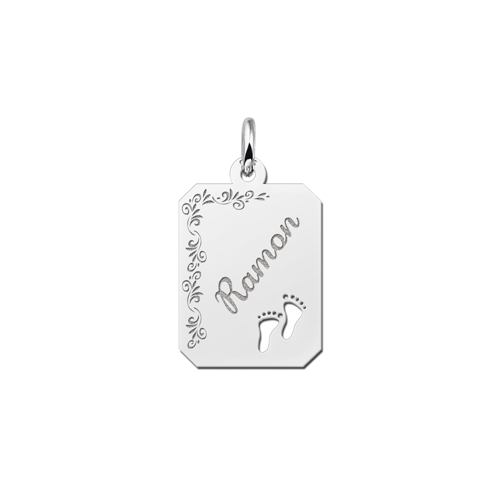 Silver Nametag Personalised with Name, Flowerborder and Babyfeet