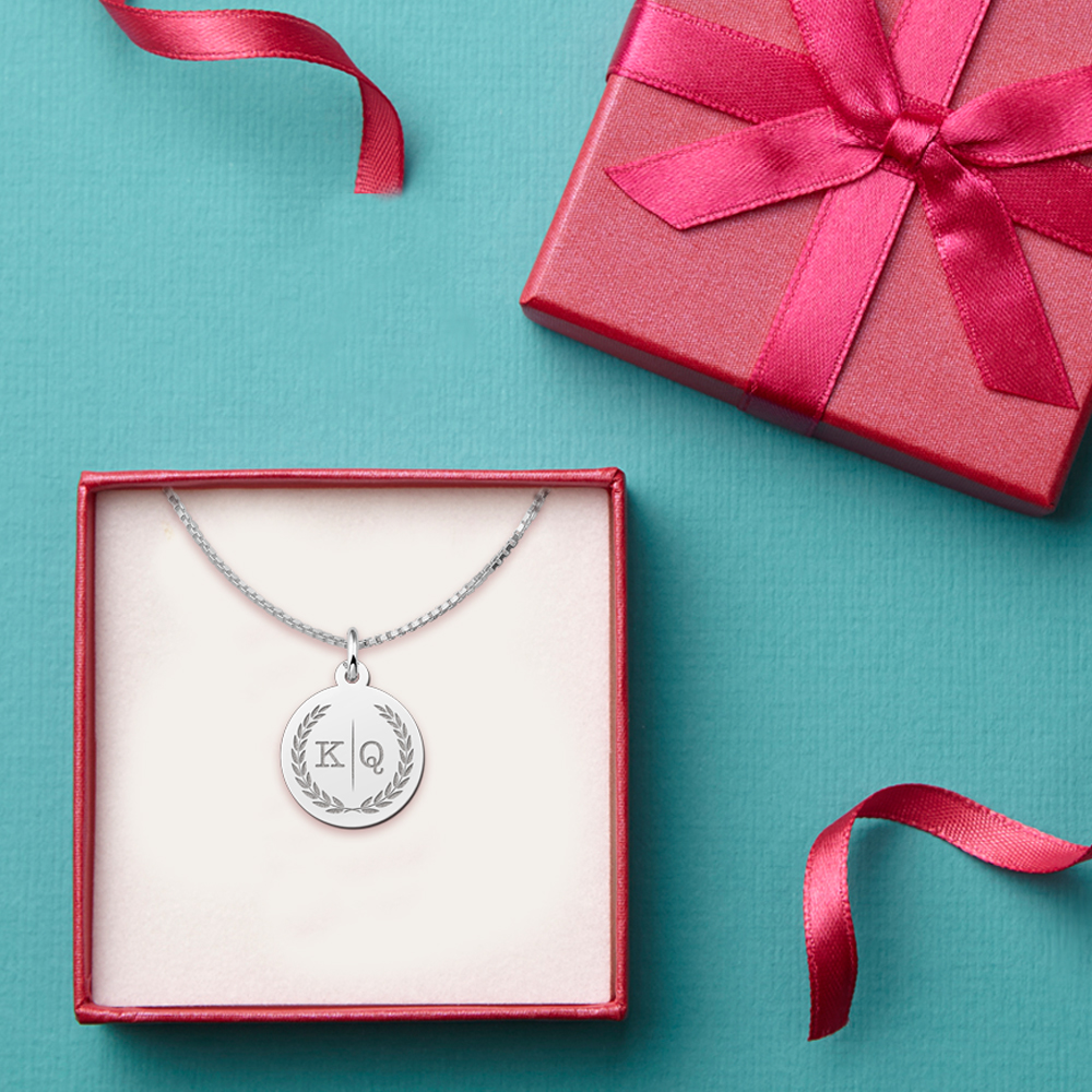 Silver alphabet necklace with two initials and wreath