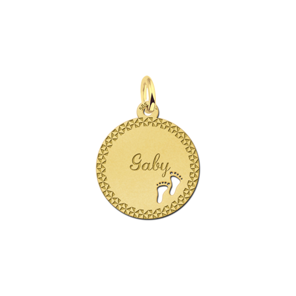 Gold Disc Necklace with Name, Border and Baby Feet