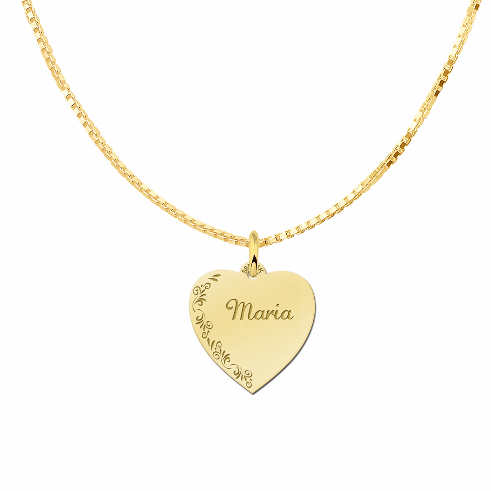 Gold Heart Necklace with Name and Flowers