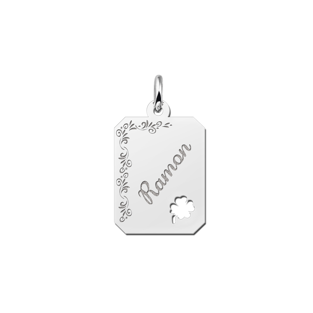 Personalised Silver Nametag with Flowerborder and Four Clover