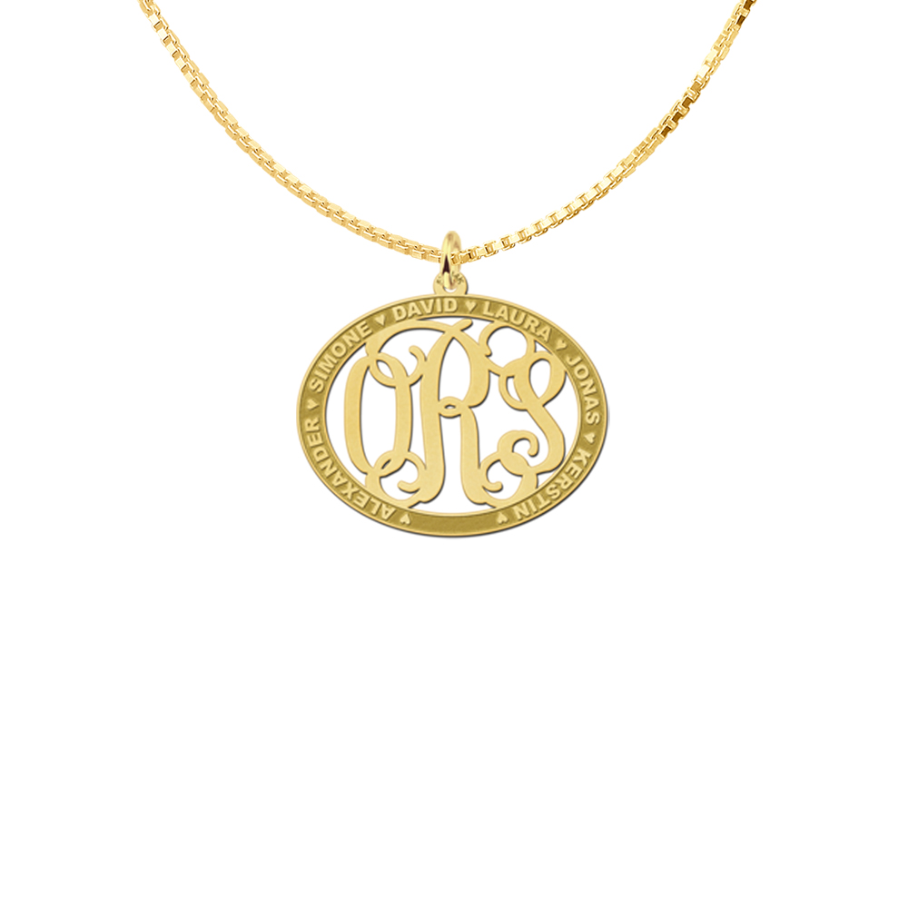 Gold Monogram Pendant with Names, Oval Medium