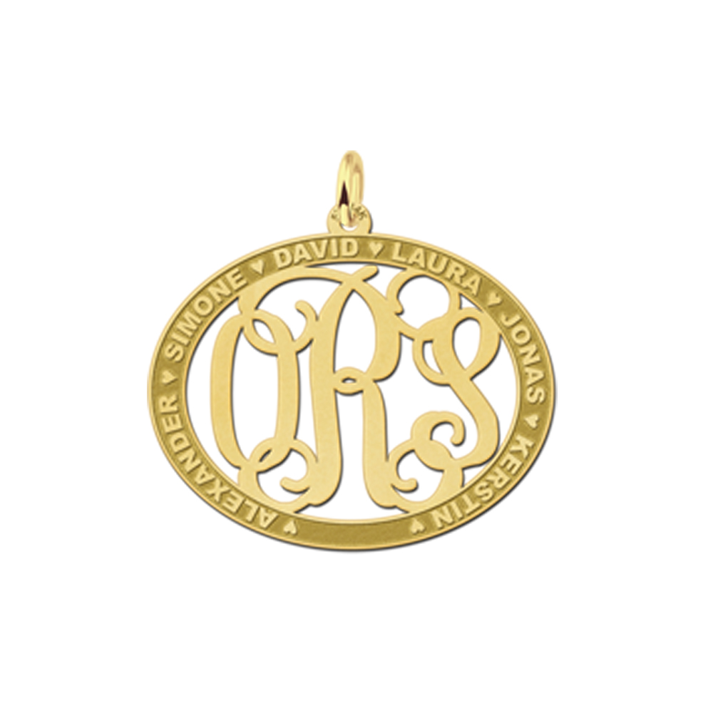 Gold Monogram Pendant with Names, Oval Medium