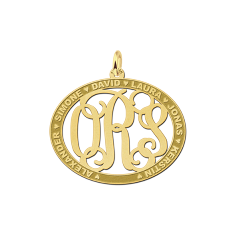 Gold Monogram Pendant with Names, Oval Medium