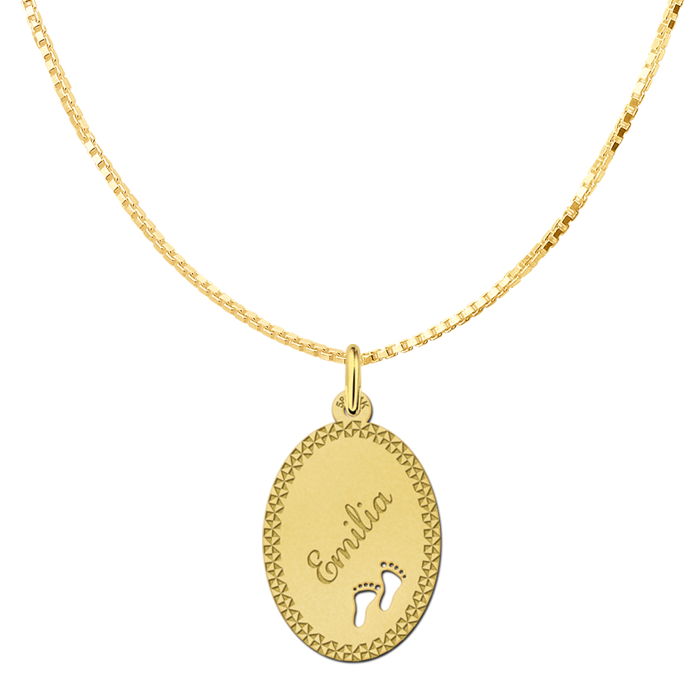 Gold Oval Necklace with Name, Border and Babyfeet Large