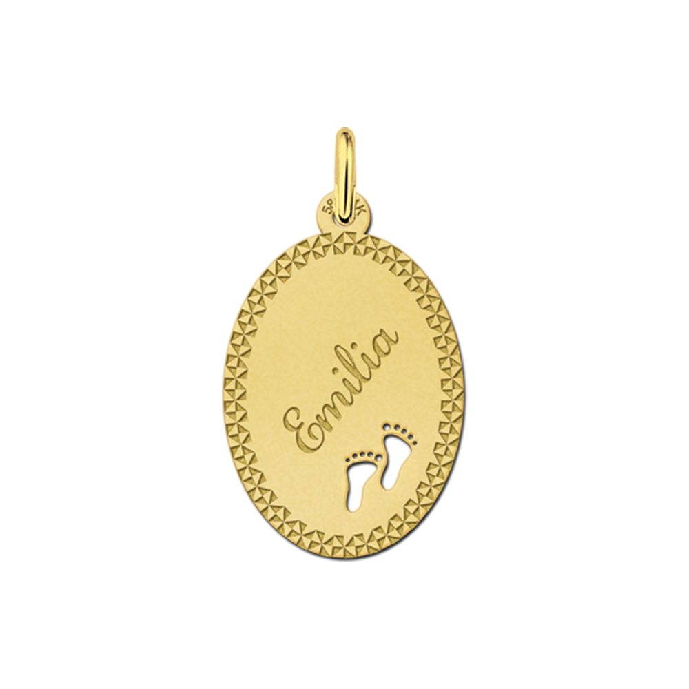 Gold Oval Necklace with Name, Border and Babyfeet Large