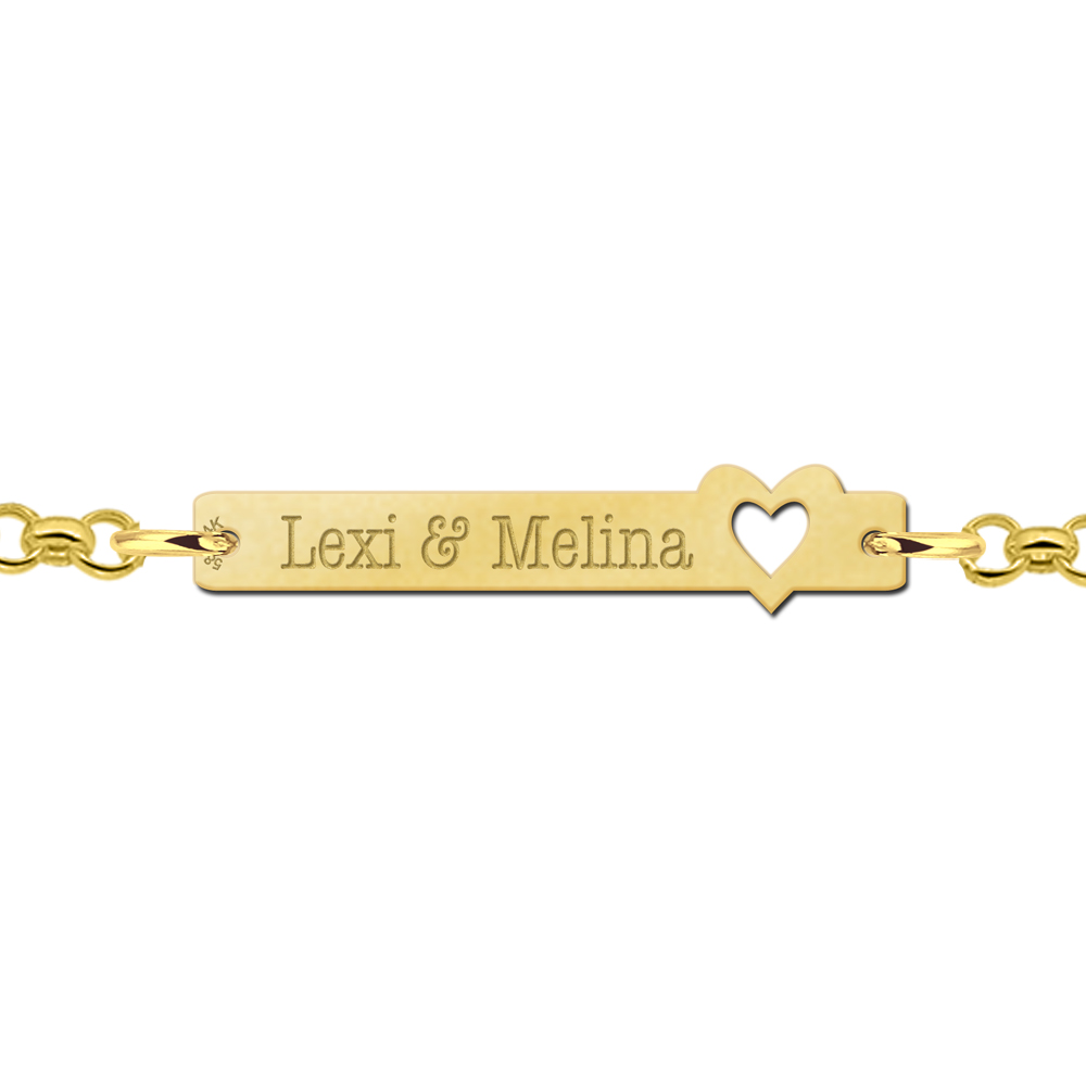Golden personalised bracelet with name engraving and heart