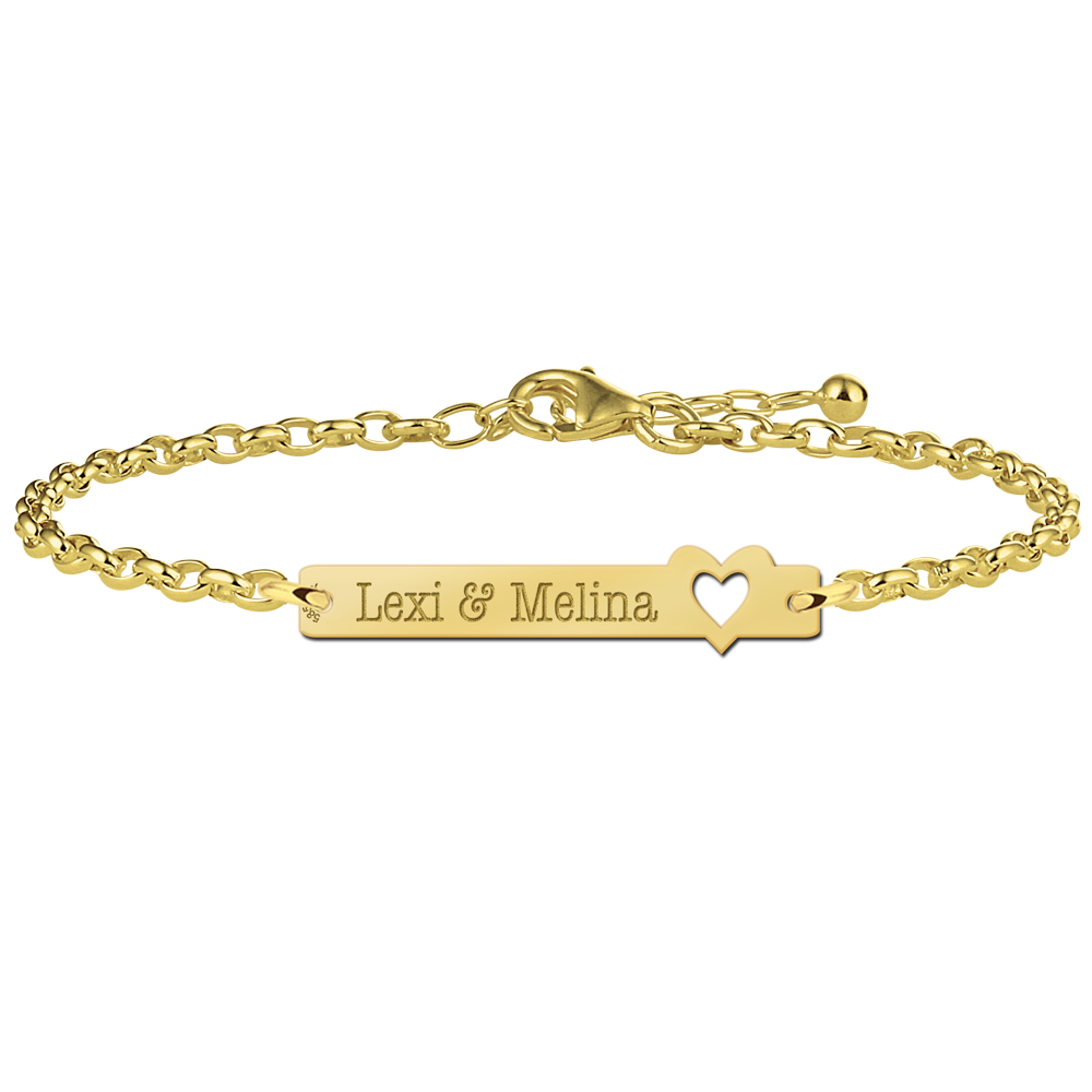 Golden personalised bracelet with name engraving and heart