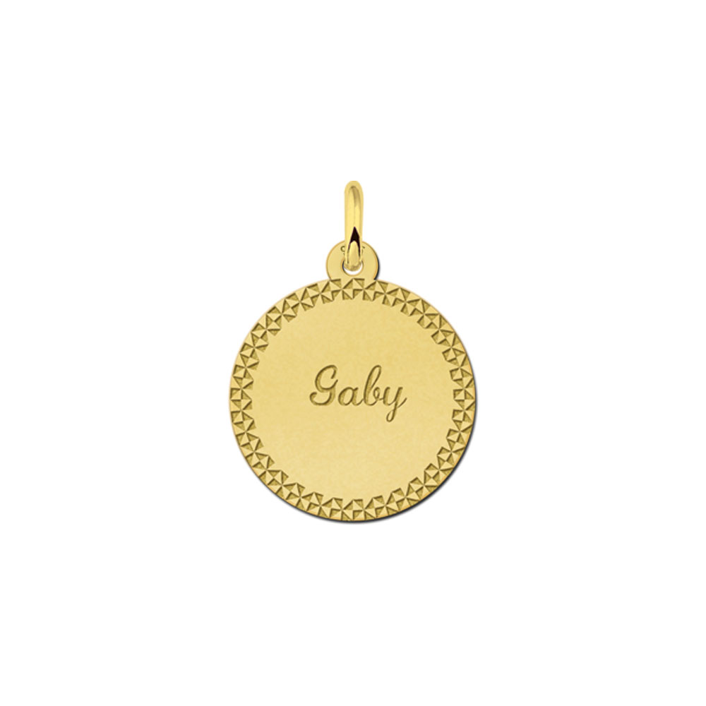 Gold-plated round pendant with decorative border and name