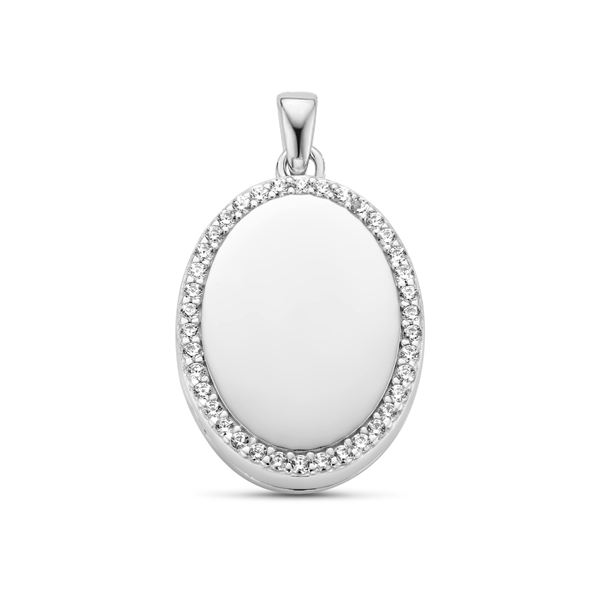 Silver oval medallion with a rim of stones