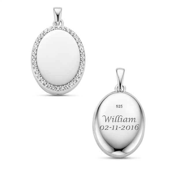 Silver oval medallion with a rim of stones