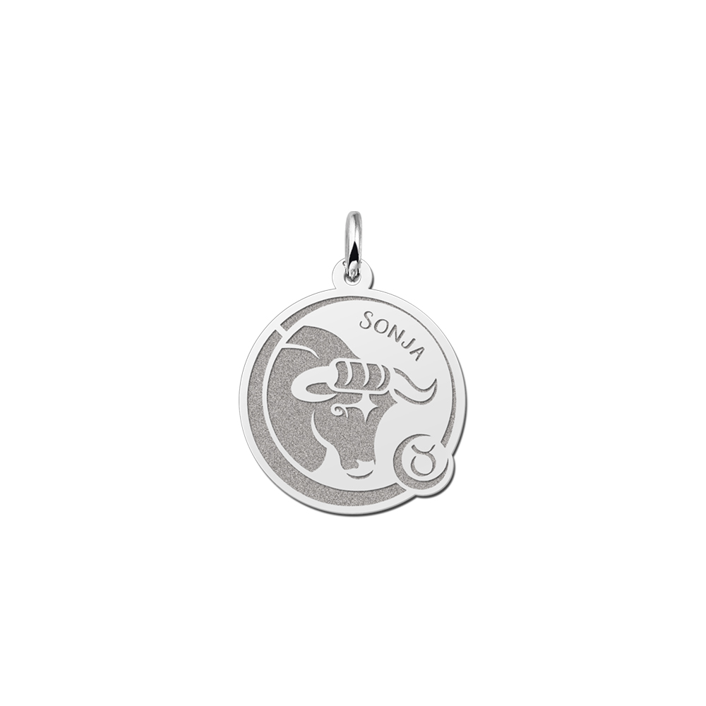 Silver Round Zodiac Pendant Taurus with Name Engraving