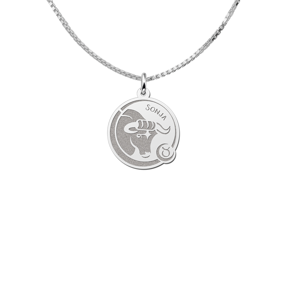 Silver Round Zodiac Pendant Taurus with Name Engraving
