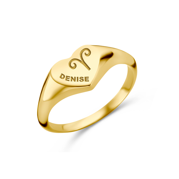 Gold signet ring heart shaped with zodiac sign and name engraving