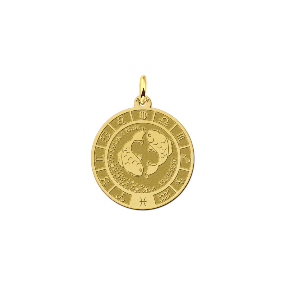 Gold round pendant zodiac pisces