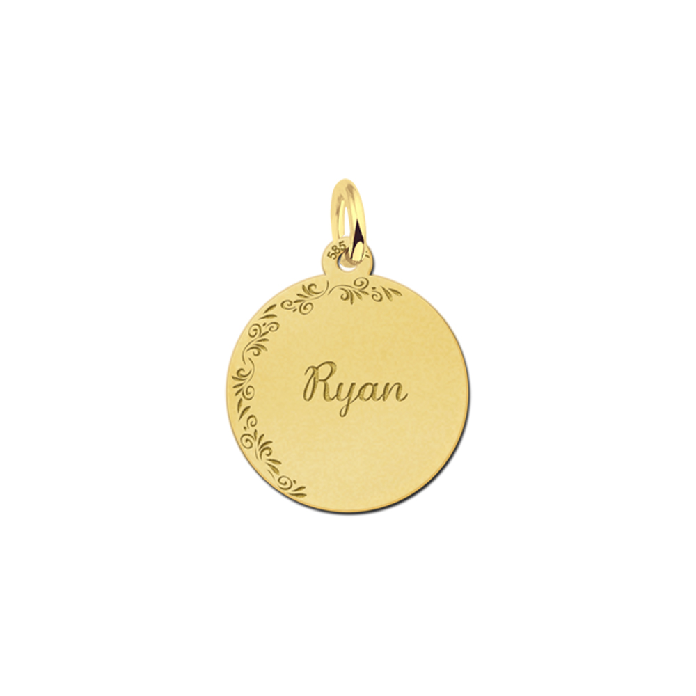 Golden Disc Necklace with Name and Flowers