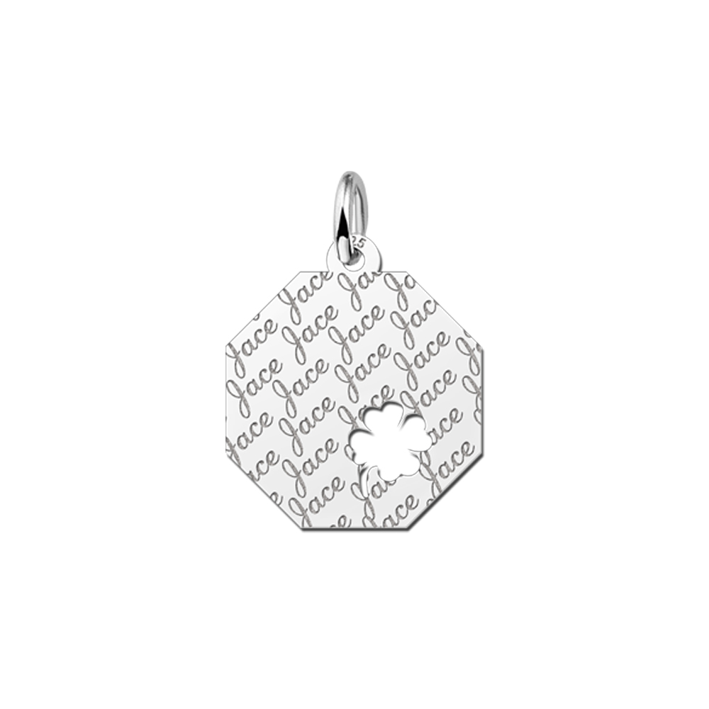 Silver octagonal pendant name pattern & four-leaf clover
