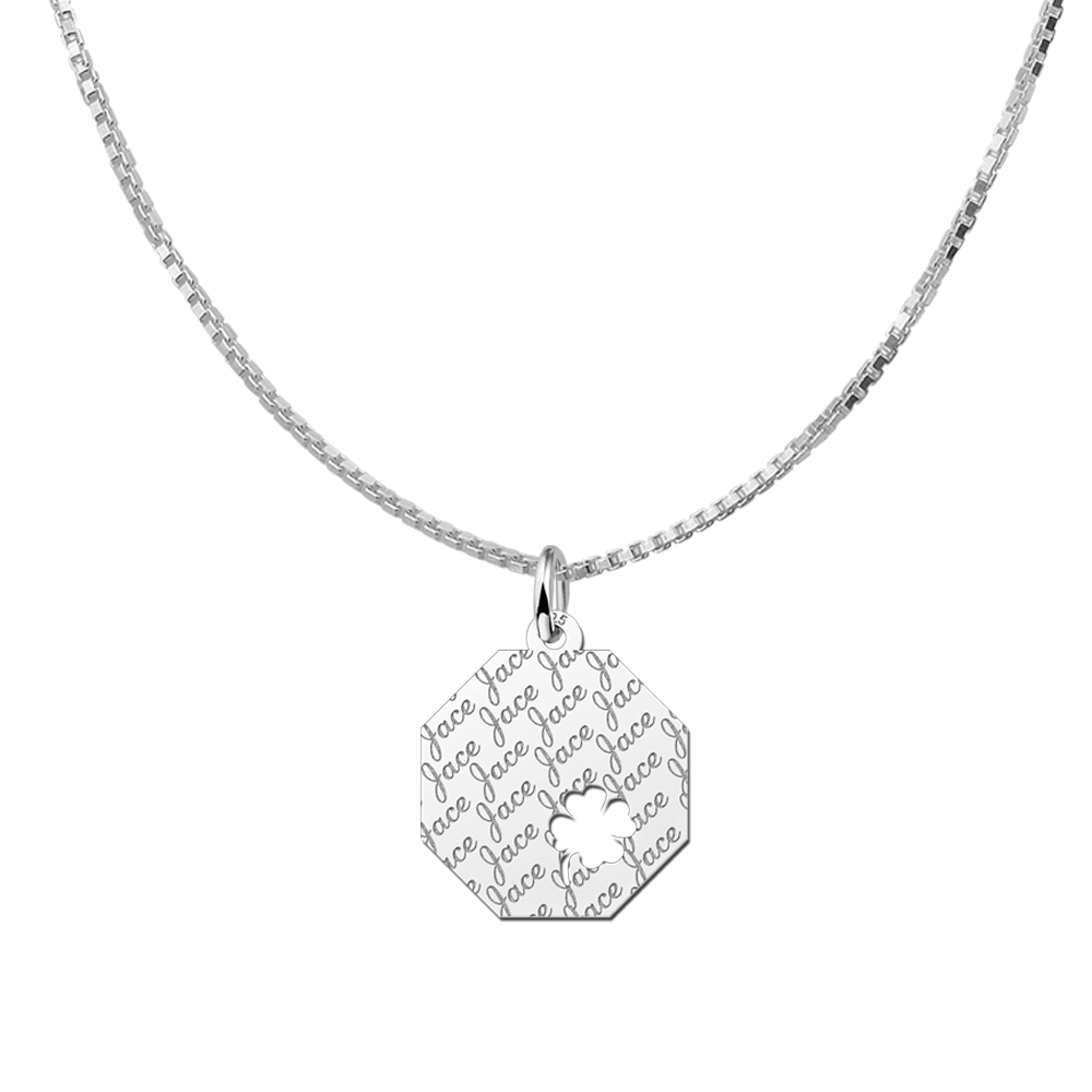 Silver octagonal pendant name pattern & four-leaf clover