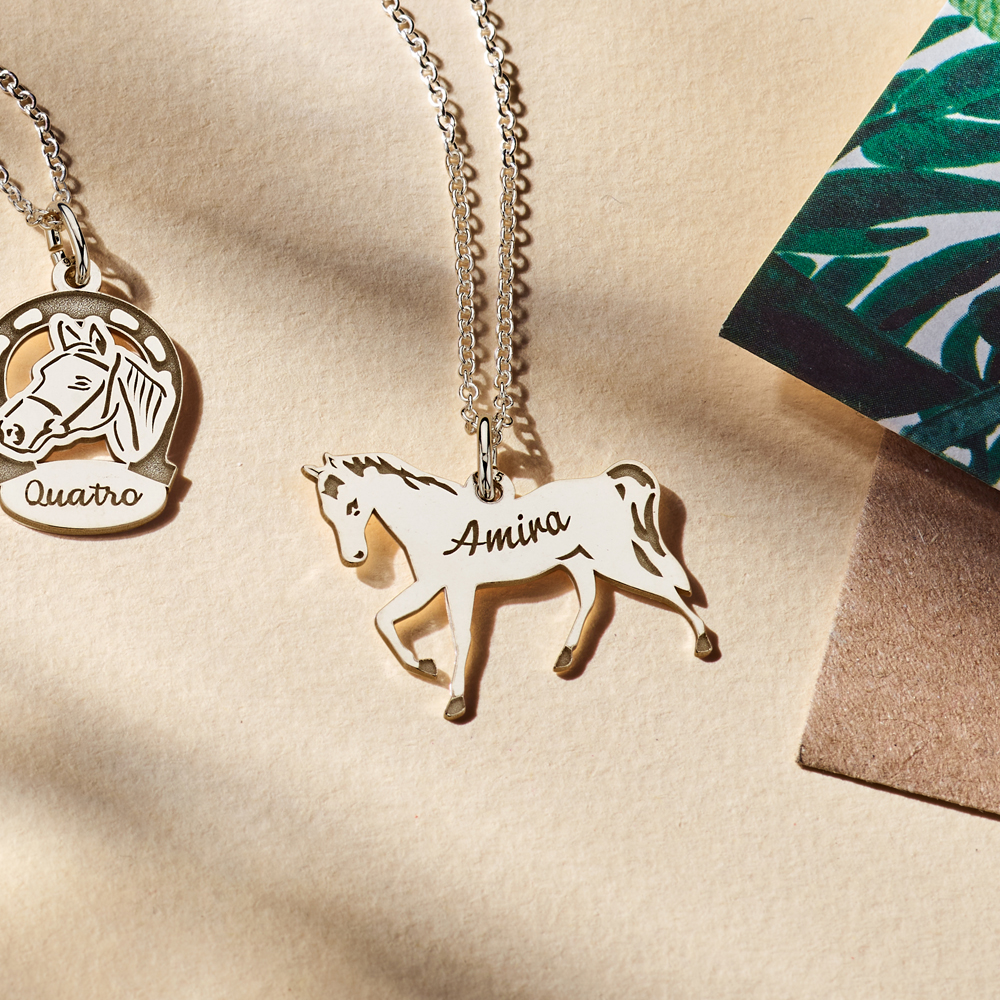 Silver animal jewelry with a horse and name engraving
