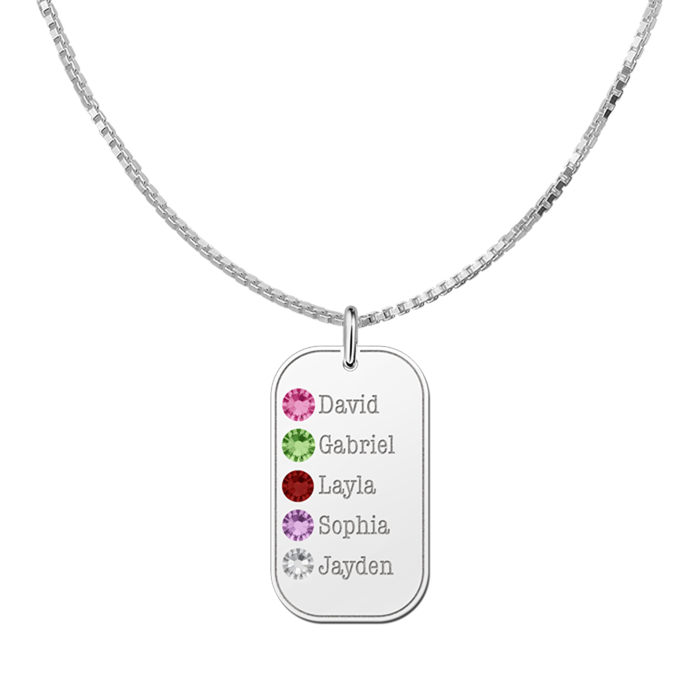Silver birthstone pendant with 5 names
