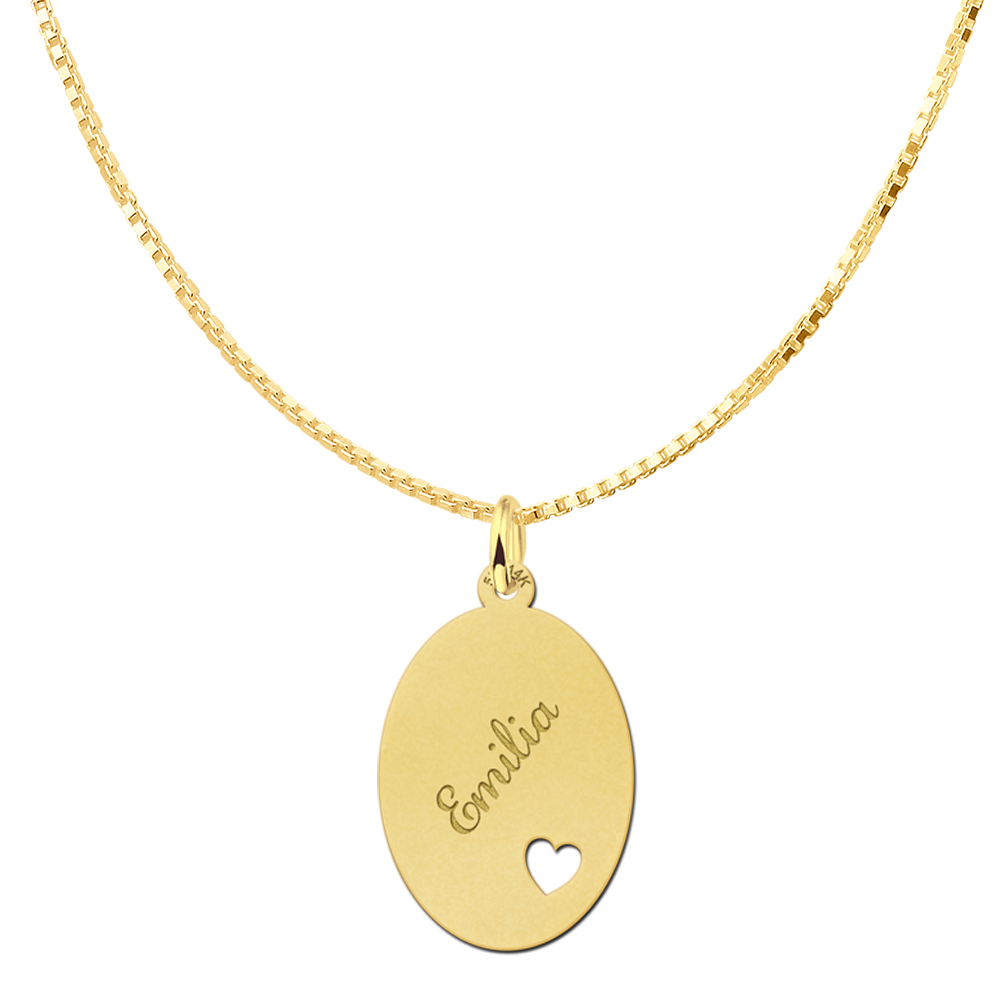 Golden Oval Necklace with Name and Small Heart large