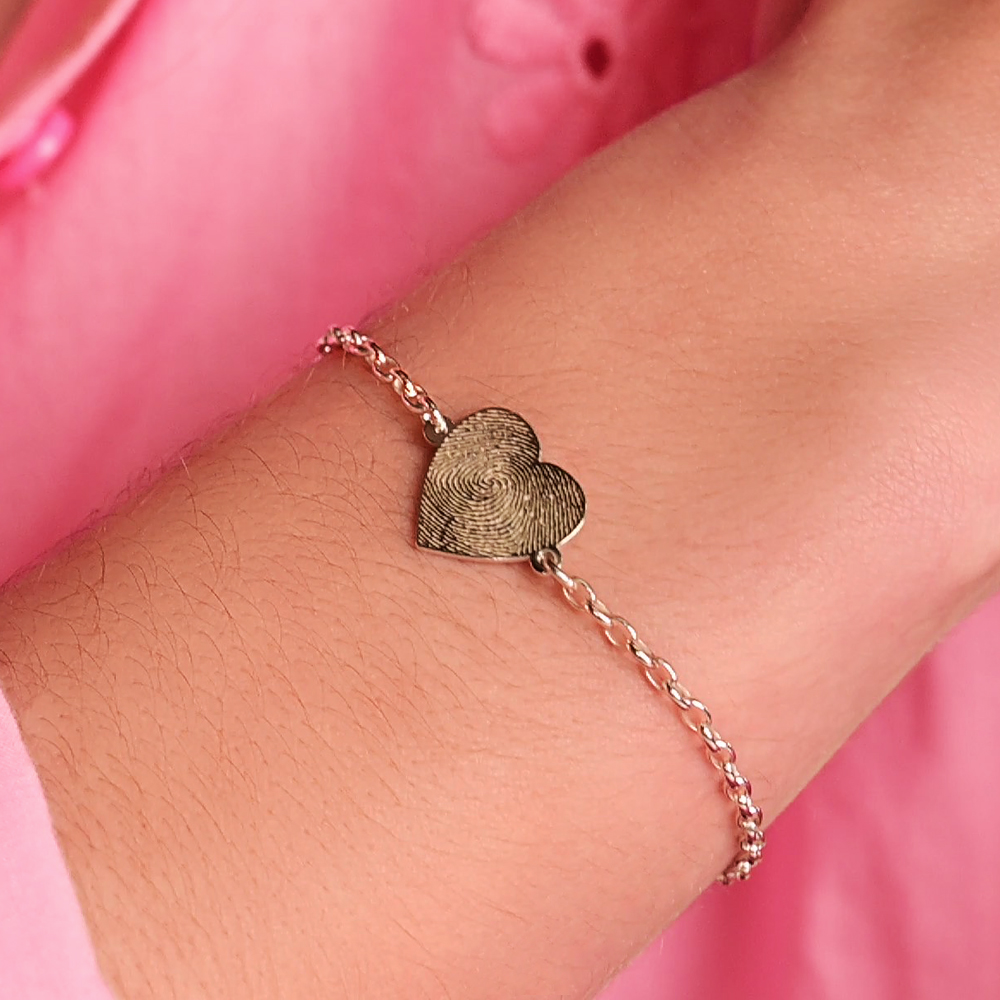 Sterling silver bracelet with heart and fingerprint