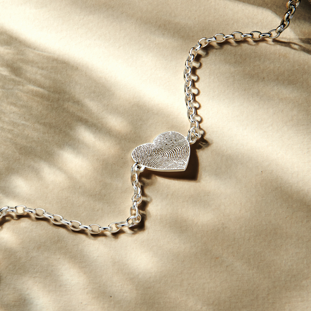 Sterling silver bracelet with heart and fingerprint