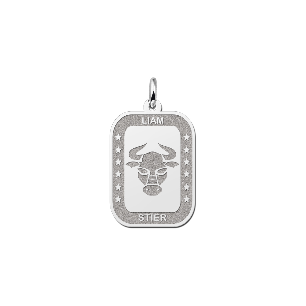 Silver Rectangular Zodiac Pendant Taurus with Name Engraving