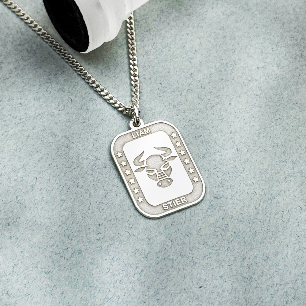 Silver Rectangular Zodiac Pendant Taurus with Name Engraving